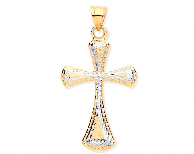 9ct Yellow Gold 3cm Modern Diamond Cut Pattern Hollow Cross Pendant - Real 9K Gold