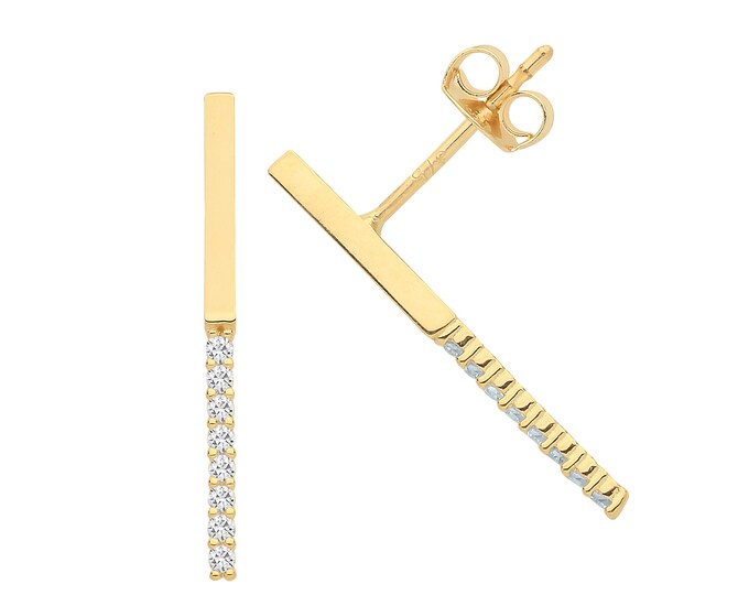 9ct Yellow Gold 15x2mm Half Cz Claw Set Gold Bar Stud Earrings- Real 9K Gold