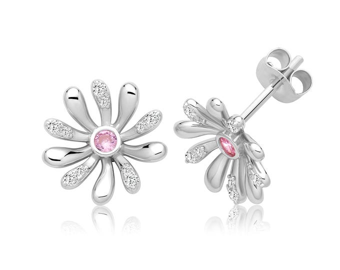 Silver Pave & Pink Cz Daisy Flower Stud Earrings 14mm