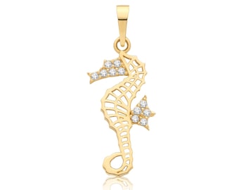 9ct Yellow Gold 24x8mm Seahorse Cz Charm Pendant - Solid 9K Gold