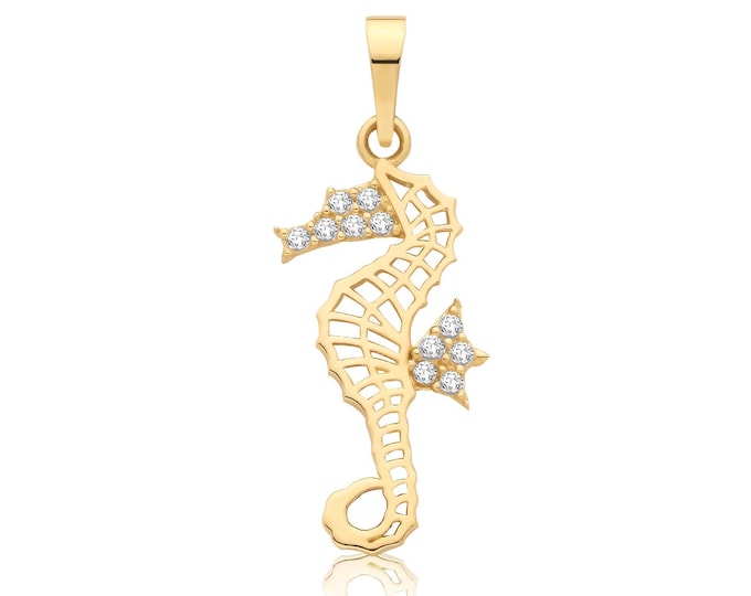 9ct Yellow Gold 24x8mm Seahorse Cz Charm Pendant - Solid 9K Gold