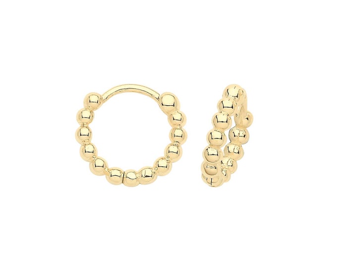 9ct Yellow Gold 8mm Diameter Bobble Hinged Clicker Hoop Earrings - Real 9K Gold