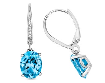 9K Gold Diamond & Swiss Blue Oval Cut Topaz Drop Earrings