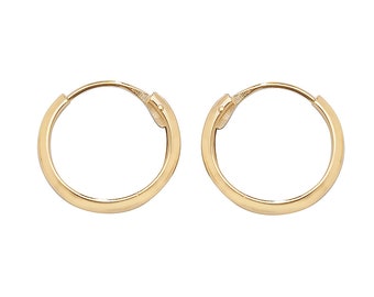 9ct Yellow Gold 10mm Diameter Hinged Threader Sleeper Hoop Earrings - Real 9K Gold