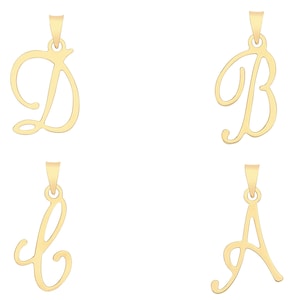 May include: Four gold-coloured pendant necklaces, each featuring a different cursive letter: D, B, J, and A. The pendants have a loop at the top for a chain. The letters are in a flowing, elegant script style.