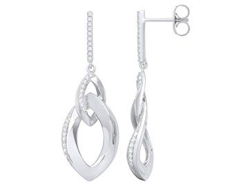 925 Sterling Silver 4cm Twisted Oval Link Cz Drop Earrings