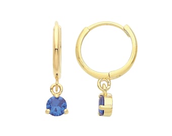 9ct Yellow Gold 8mm Hinged Hoop Earrings With 2mm Sapphire Blue Solitaire Cz Drop Charm - Real 9K Gold