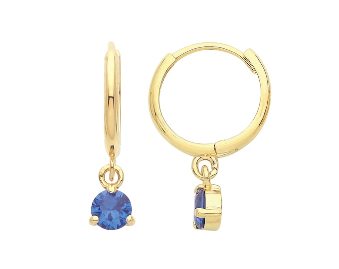 9ct Yellow Gold 8mm Hinged Hoop Earrings With 2mm Sapphire Blue Solitaire Cz Drop Charm - Real 9K Gold