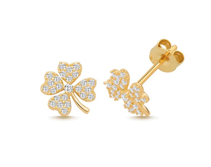 Lucky 4 Leaf Clover Solid 9K Gold 7mm Pave Cz Shamrock Stud Earrings