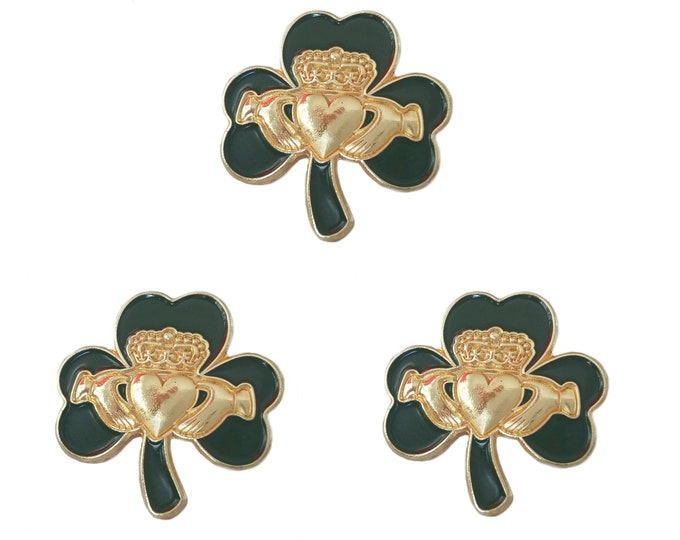 Pack 3 x Irish Gold Claddagh Green Shamrock Lapel Pin Badge St Patrick's Day