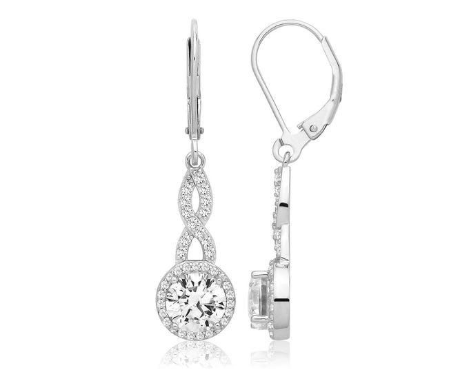 Sterling Silver Solitaire Twisted Cz Dangle Earrings 24x9mm