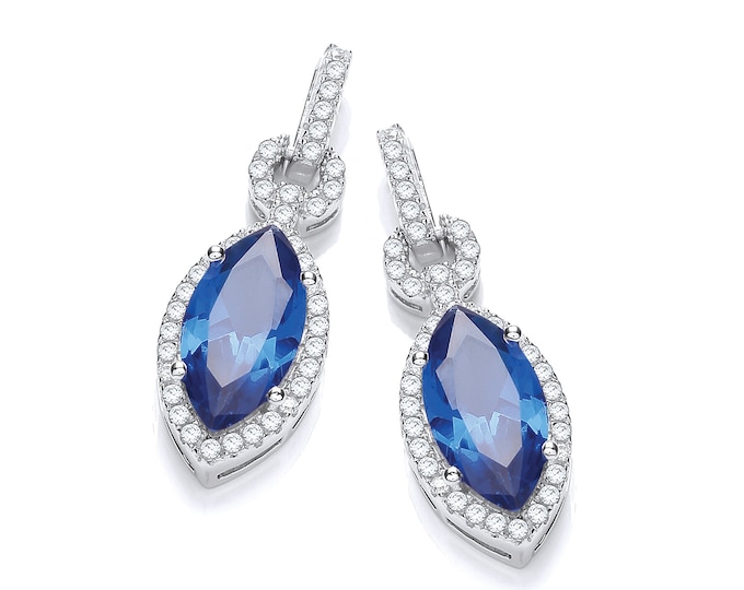 925 Sterling Silver Sapphire Blue Marquise Cut Cz Stud Drop Earrings