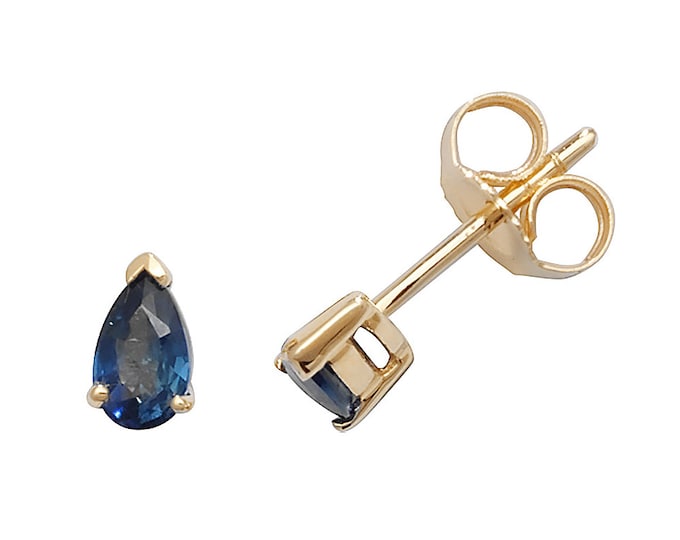 Pear Cut Blue Sapphire 5x3mm Claw Set Stud Earrings 9K Yellow Gold Real Sapphires