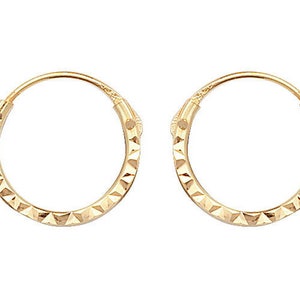 Small 9ct Yellow Gold 8mm Diameter Diamond Cut Sleeper Hoop Earrings - Real 9K Gold