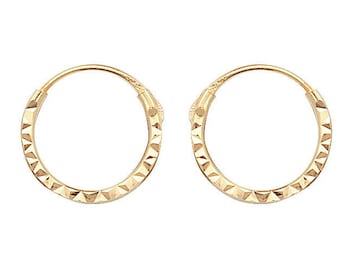 Small 9ct Yellow Gold 8mm Diameter Diamond Cut Sleeper Hoop Earrings - Real 9K Gold