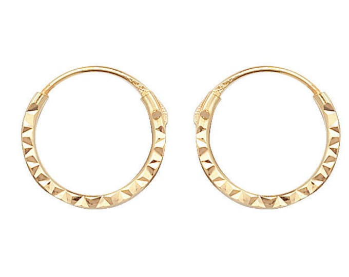 Small 9ct Yellow Gold 8mm Diameter Diamond Cut Sleeper Hoop Earrings - Real 9K Gold