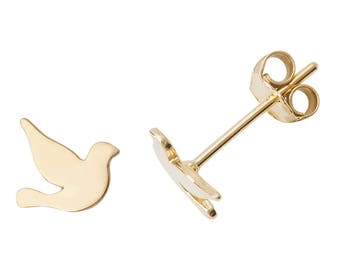 9ct Yellow Gold Pretty Dove Bird Stud Earrings - Real 9K Gold