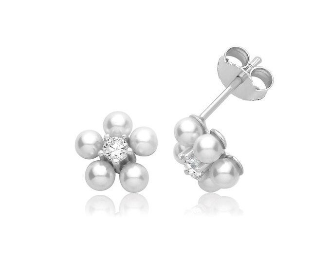 Sterling Silver CZ Pearl Flower Stud Earrings 9x9mm