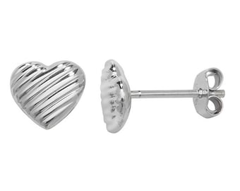 925 Sterling Silver 6mm Ribbed Heart Shaped Stud Earrings