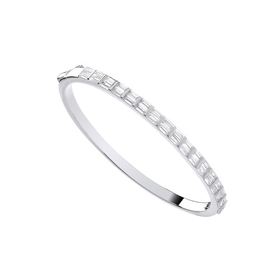 Ladies 925 Sterling Silver 4.2mm Wide Hinged Bangle With Baguette
