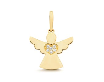 9ct Yellow Gold Pave Cz Heart Angel Charm Pendant - Real 9K Gold