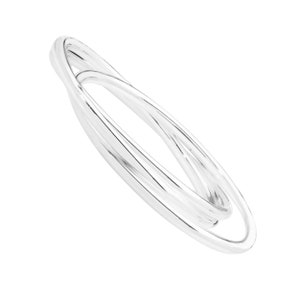 May include: A silver bangle bracelet with an unusual, interwoven design. The bracelet is made of a smooth, reflective metal, and it is set against a plain white background. The design features three interconnected loops.