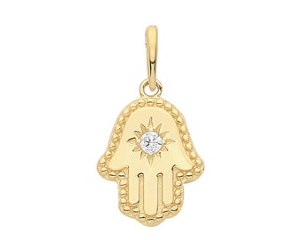9ct Yellow Gold Small 12x9mm Cz  Hamsa Hand Charm Pendant - Real 9K Gold