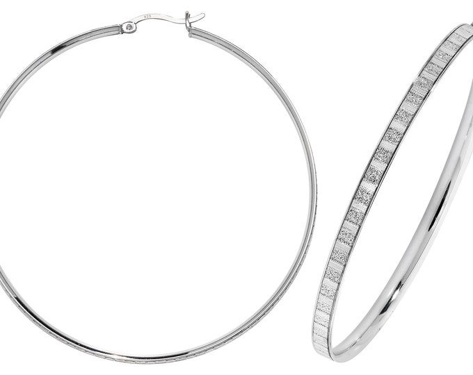 925 Sterling Silver 60mm Sparkly Stardust Striped Hoop Earrings