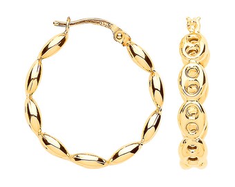 9ct Yellow Gold Coffee Bean Design Hallmarked 20mm Hoop Earrings - Solid 9K Gold