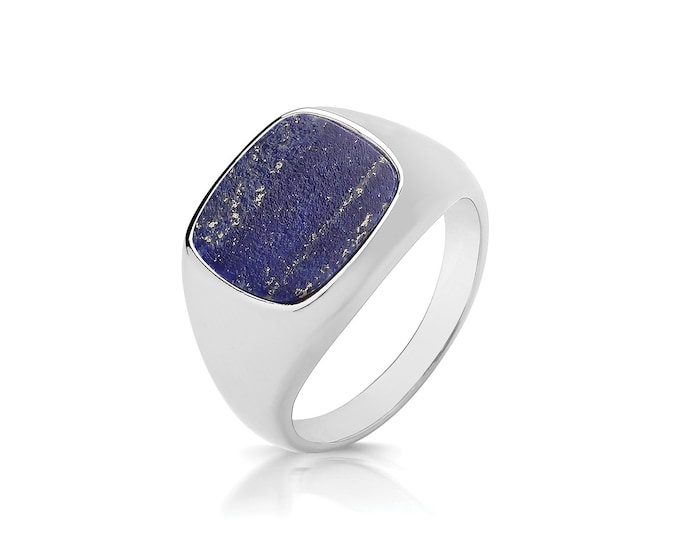 925 Sterling Silver 12x10mm Cushion Cut Real Blue Lapis Lazuli Signet Ring With Plain Sides