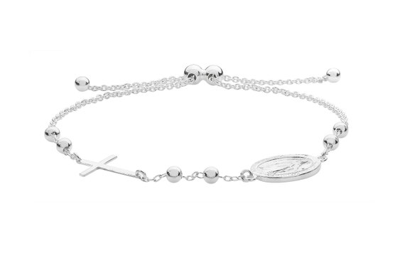 925 Sterling Silver 7" Rosary Bead Toggle Bracelet With Cross & Miraculous Madonna