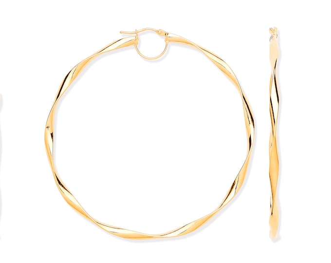 Large 65mm Diameter 9ct Yellow Gold Twisted Ribbon Hoop Earrings Hallmarked - Real 9K Gold