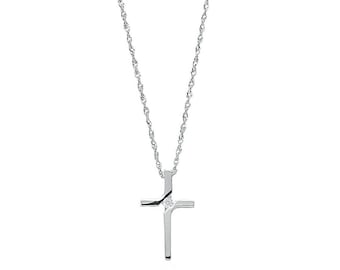 9ct White Gold Crucifix Cross 0.04ct Solitaire Diamond Set Pendant on 18" Necklace - Real 9K Gold