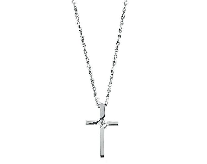 9ct White Gold Crucifix Cross 0.04ct Solitaire Diamond Set Pendant on 18" Necklace - Real 9K Gold