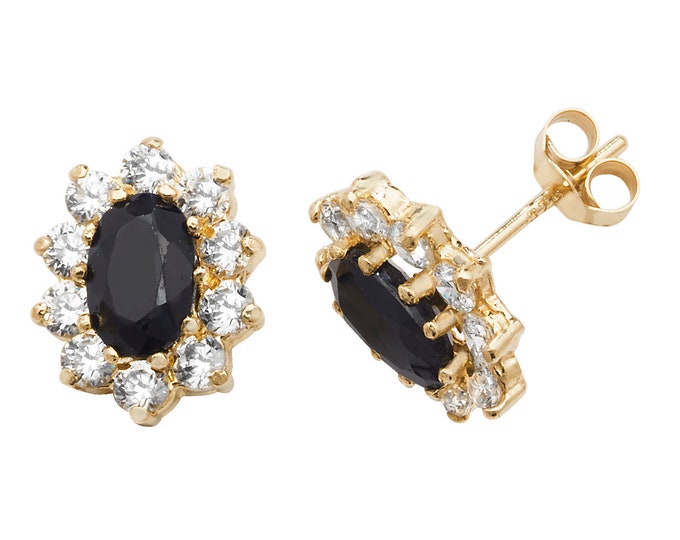 Real Black Sapphire & Cz Oval Cluster Stud Earrings 9ct Yellow Gold - Real 9K Gold