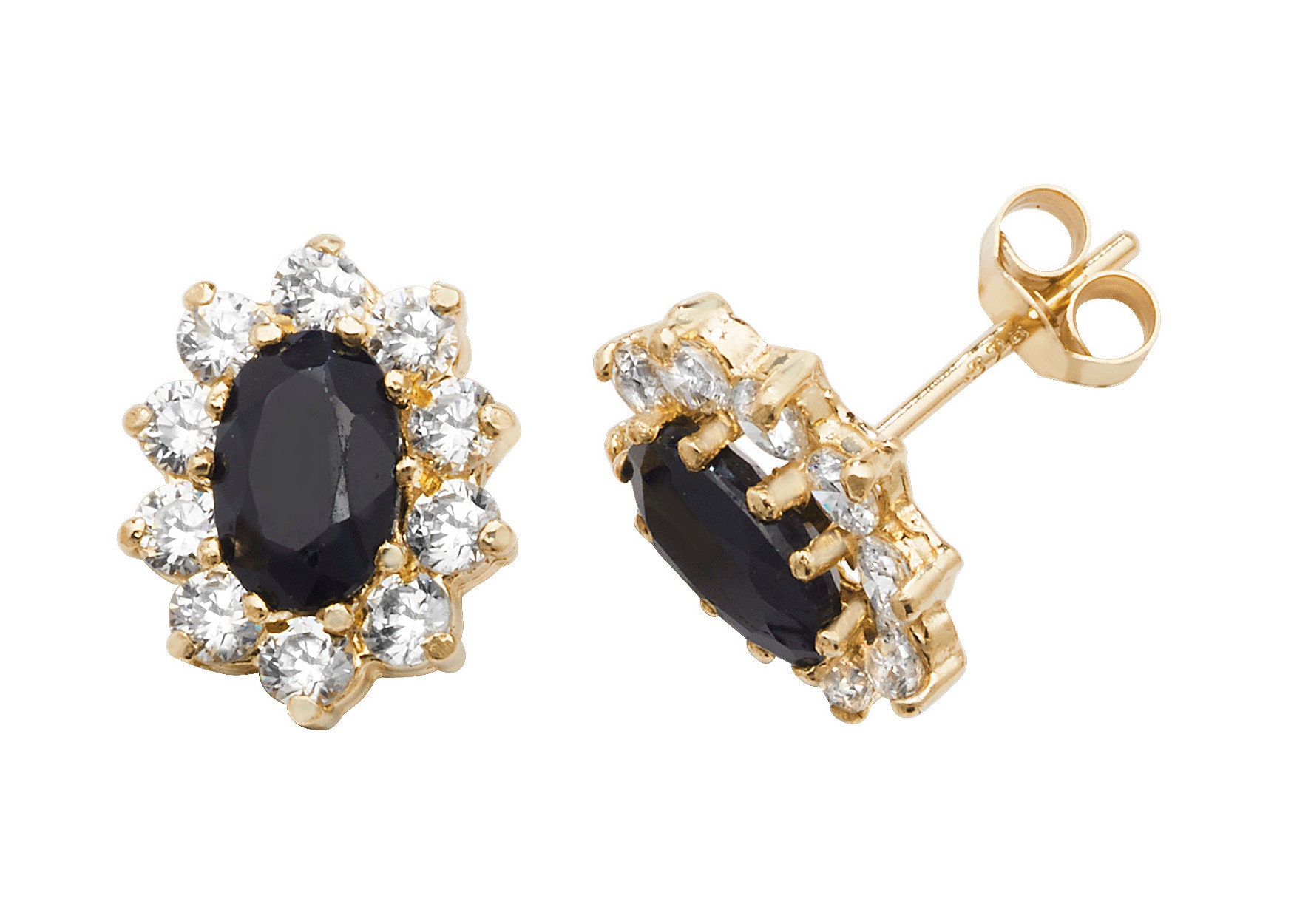 Real Black Sapphire & Cz Oval Cluster Stud Earrings 9ct Yellow Gold ...