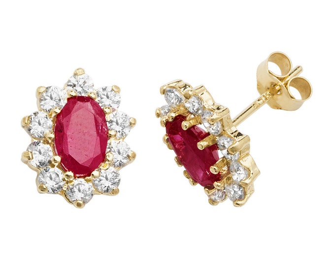 Red Ruby & Cz Oval Cluster Stud Earrings 9ct Yellow Gold Hallmarked - Real 9K Gold