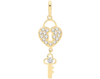 9ct Yellow Gold 3cm Cz Heart Padlock & Key Charm Pendant - Real 9K Gold