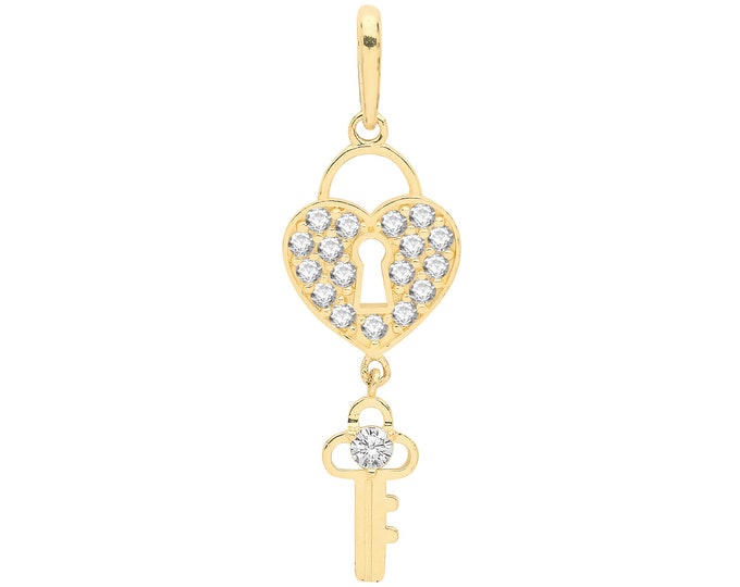 9ct Yellow Gold 3cm Cz Heart Padlock & Key Charm Pendant - Real 9K Gold