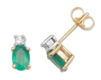 9ct Gold 0.08ct Diamond & Oval Cut 6x4mm Emerald Stud Earrings - Real 9K Gold