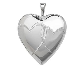 925 Sterling Silver Linked Love Hearts Engraved Heart Shaped 2 Photo Locket 1.8x1.8cm