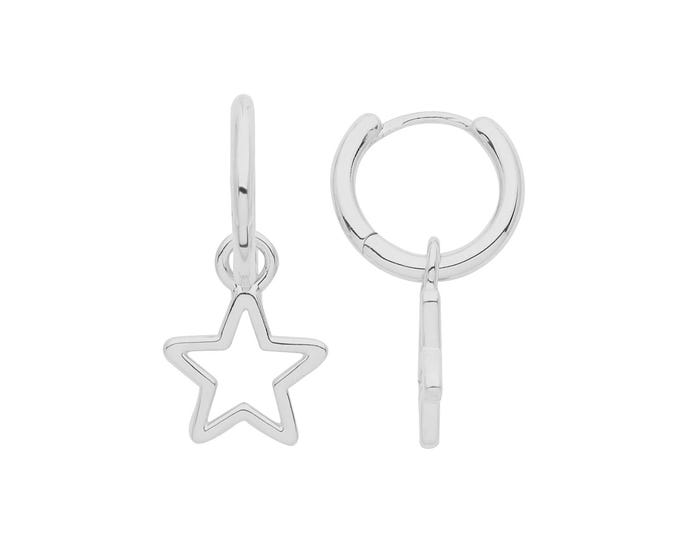 925 Sterling Silver 10mm Hinged Hoop Earrings With Open Star Drop Charm Rhodium Plated