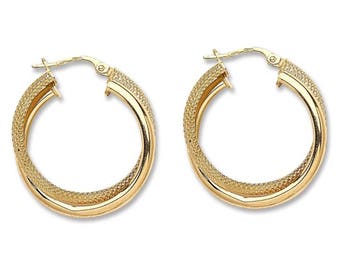9ct Yellow Gold 25mm Plain & Diamond Cut Honeycomb Double Hoop Earrings Hallmarked - Real 9K Gold
