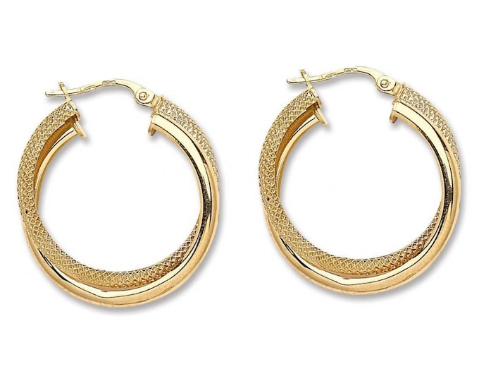 9ct Yellow Gold 25mm Plain & Diamond Cut Honeycomb Double Hoop Earrings Hallmarked - Real 9K Gold