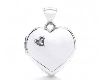 Small 9ct White Gold Heart Shaped 2 Photo Locket Set With Single Diamond Hallmarked - Real 9K Gold