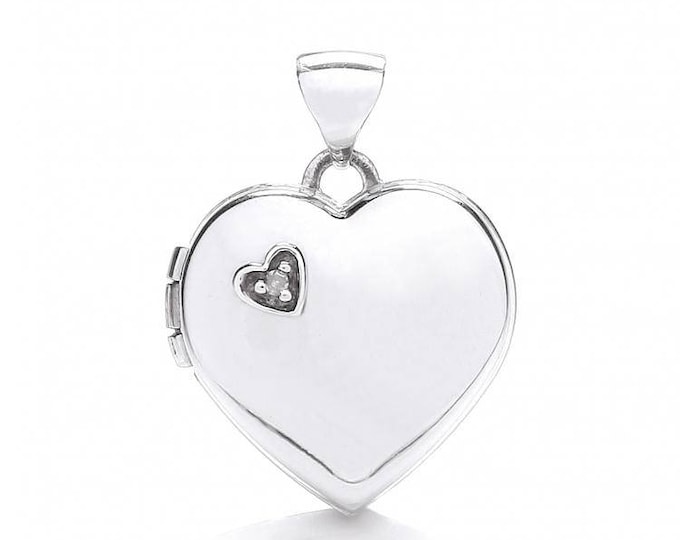 Small 9ct White Gold Heart Shaped 2 Photo Locket Set With Single Diamond Hallmarked - Real 9K Gold