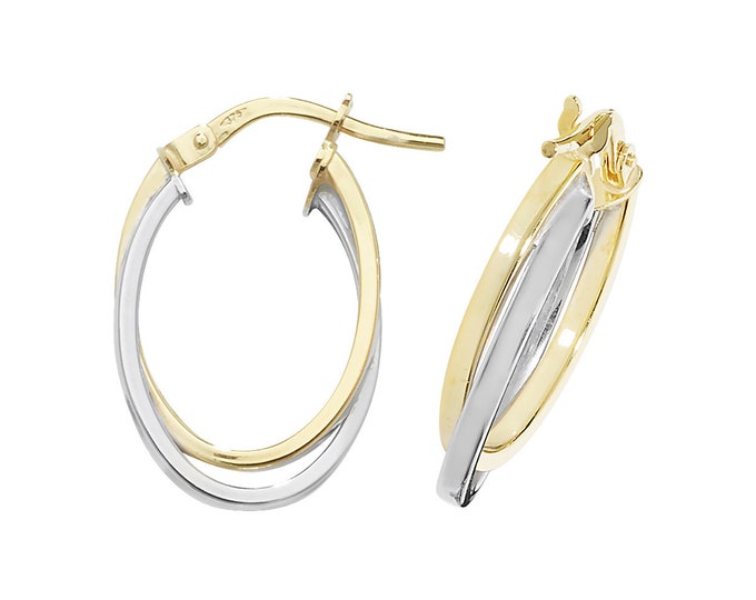9ct Bi Colour Gold 15x10mm Flat Interlocked Double Oval Hoop Earrings - Real 9K Gold