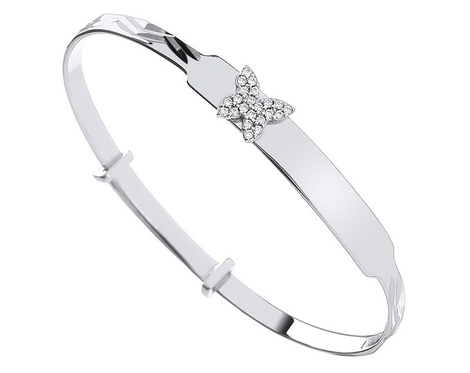 925 Sterling Silver Cz Butterfly Expandable Baby Identity Bangle