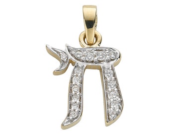 9ct Yellow Gold 0.20ct Diamond Chai Pendant Hallmarked - Real 9K Gold