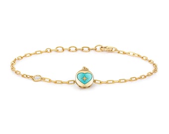 Ladies 9ct Yellow Gold Single Diamond Turquoise Enamel Heart Charm Bracelet Hallmarked - Solid 9K Gold